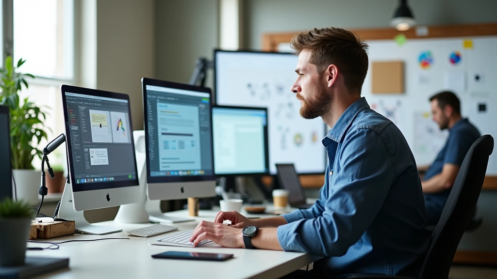 Espace de travail de design d'icônes modernes avec ordinateurs et outils de conception